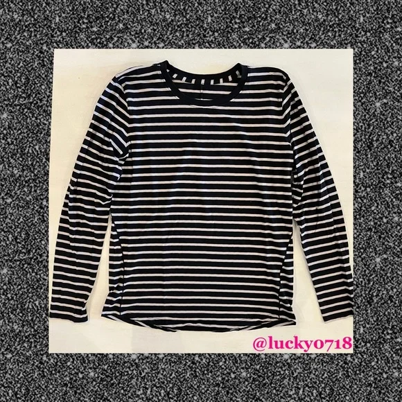 Lululemon Ever Ready Long Sleeve Top In Yachtie Stripe Black Chrome Sz 6 - Picture 7 of 8